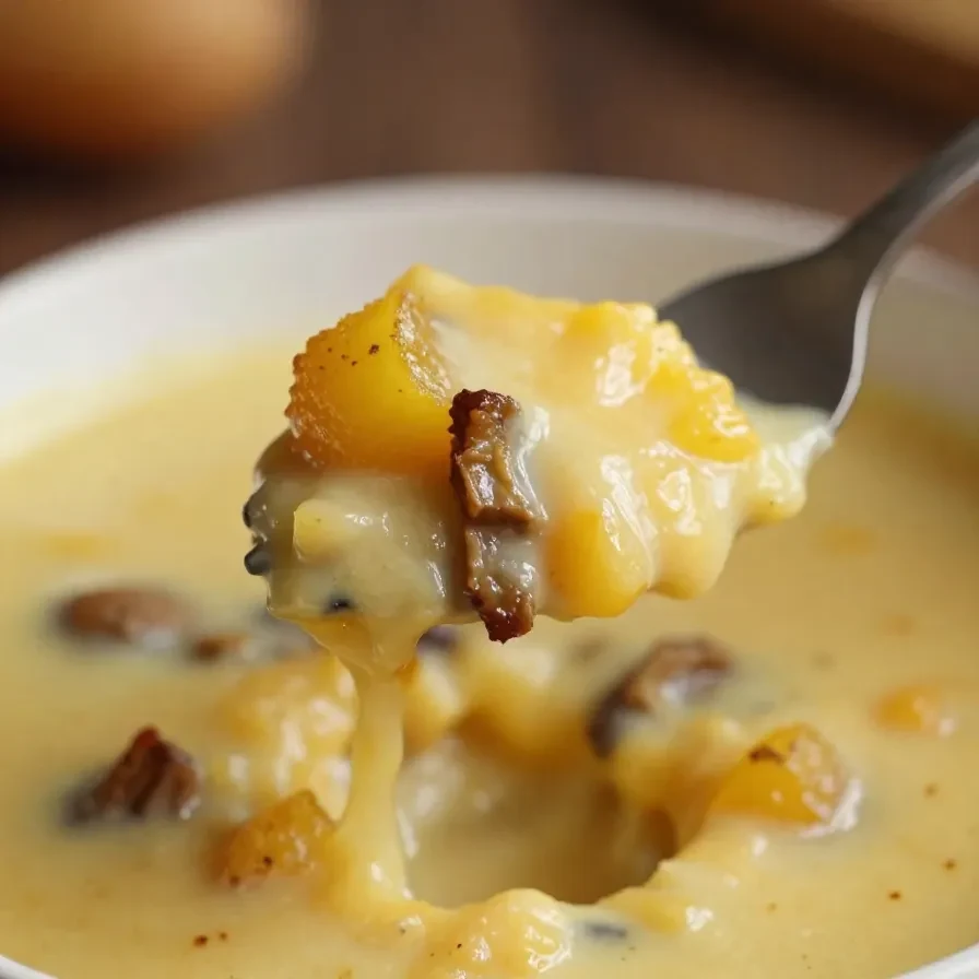 A bowl of cheesy hamburger potato soup served with a garnish of parsley.