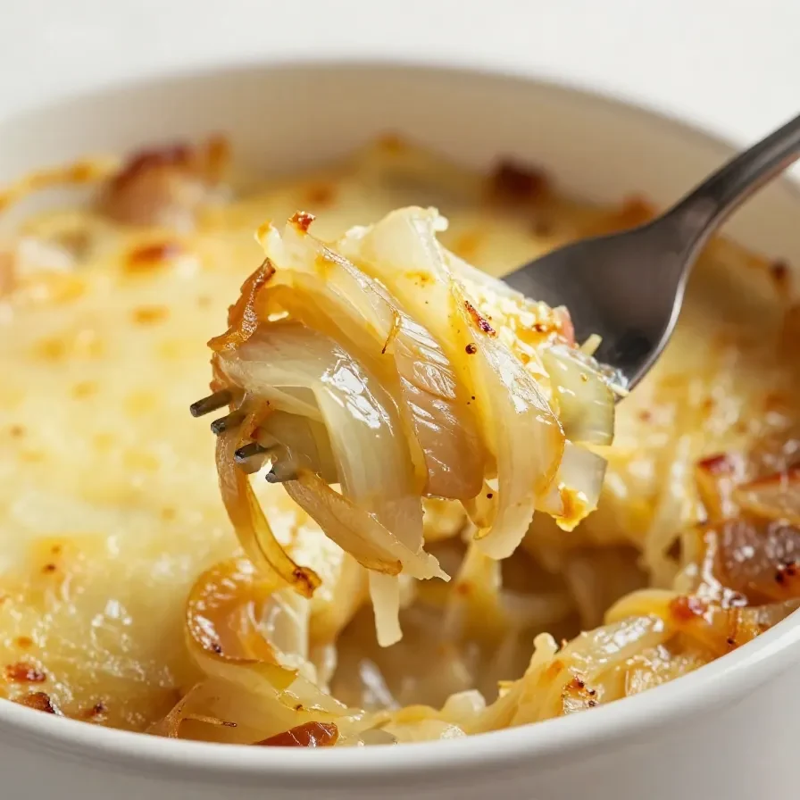 A bowl of homemade French onion soup topped with melted cheese and served with a slice of toasted bread.