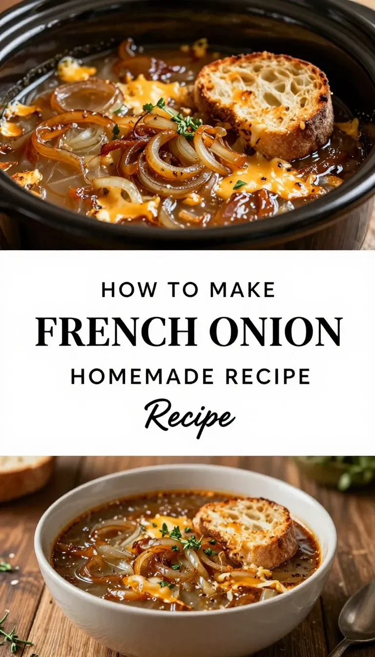 A bowl of homemade French onion soup topped with melted cheese and served with a slice of toasted bread.