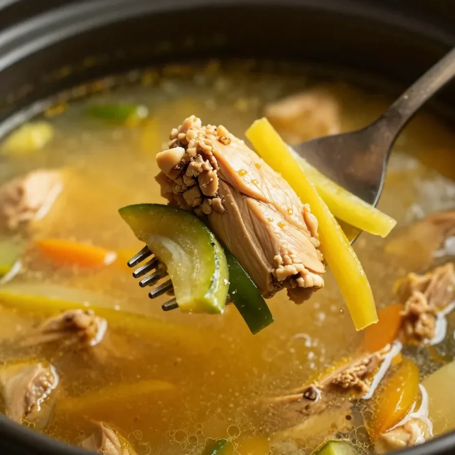A bowl of homemade chicken soup prepared in a slow cooker, garnished with fresh parsley.