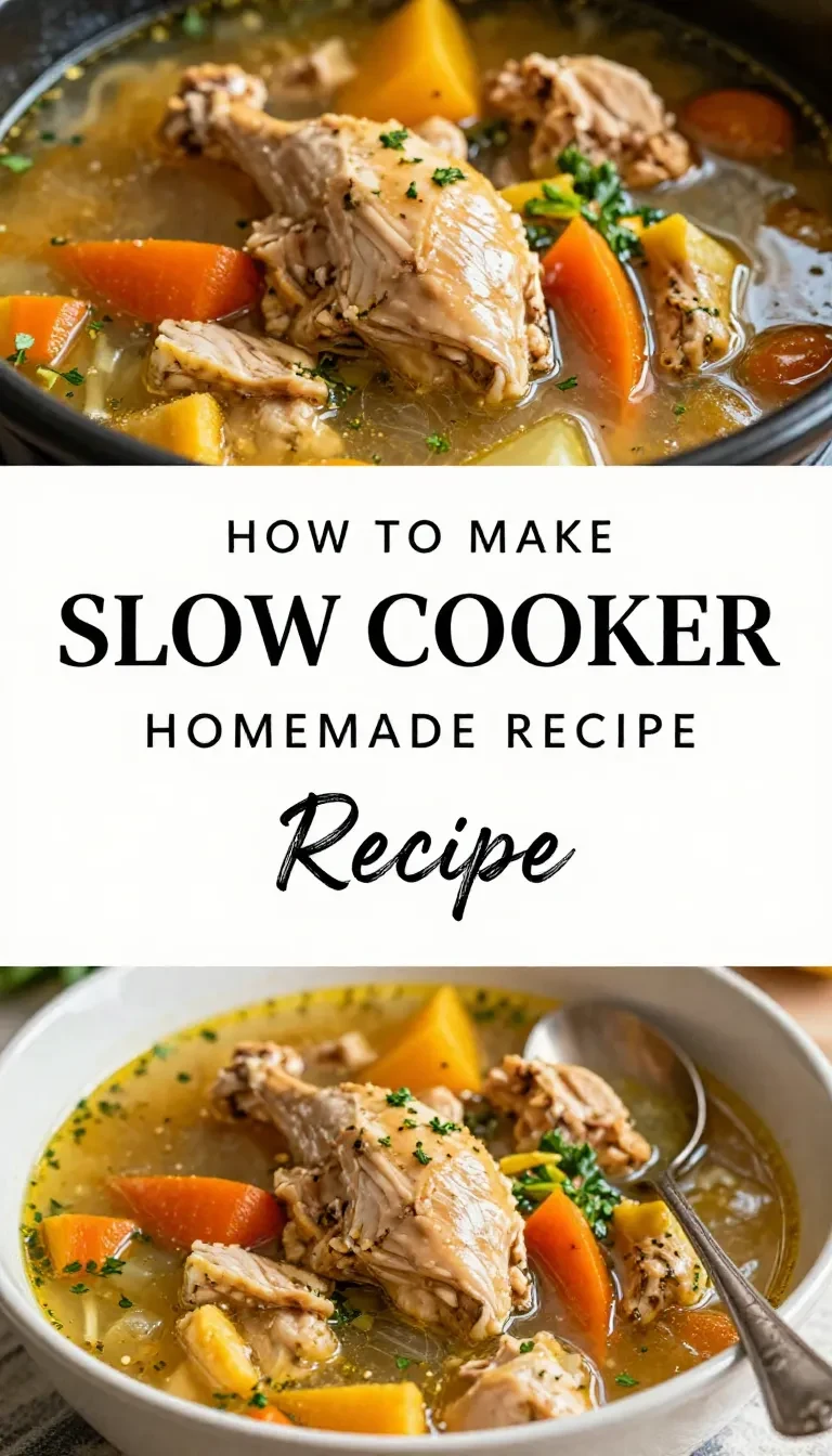 A bowl of homemade chicken soup prepared in a slow cooker, garnished with fresh parsley.