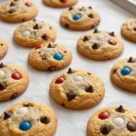 A plate of patriotic monster cookies made with browned butter blondie, decorated with red, white, and blue sprinkles.