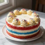 A beautifully decorated 4th of July cake roll featuring red, white, and blue frosting with star-shaped sprinkles.