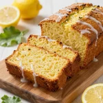 Freshly baked lemon zucchini bread sliced on a wooden cutting board