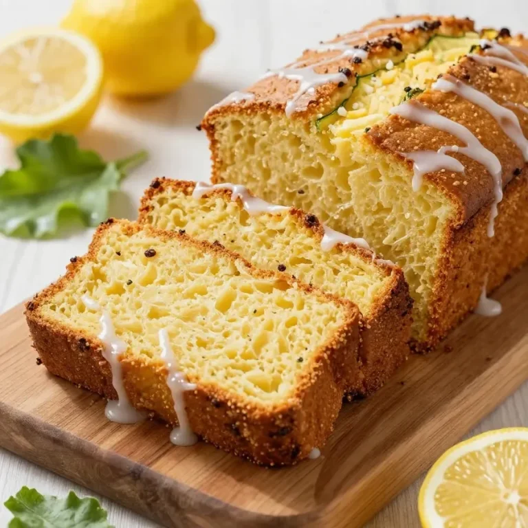 Freshly baked lemon zucchini bread sliced on a wooden cutting board
