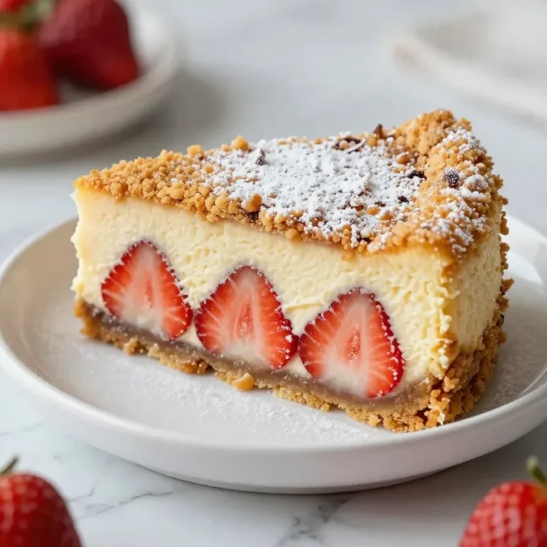 A close-up of a freshly baked strawberry cheesecake dump cake with a golden crust and creamy layers.