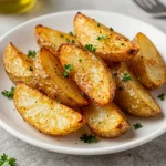A plate of crispy air fryer potatoes garnished with fresh herbs