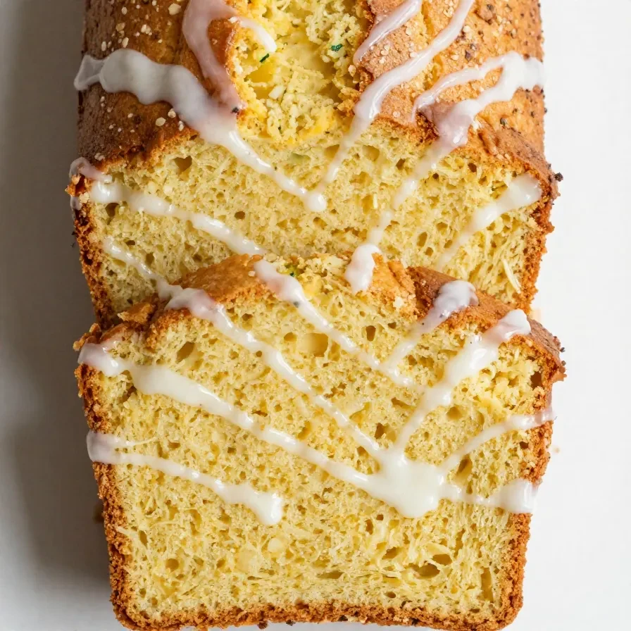 Freshly baked lemon zucchini bread sliced on a wooden cutting board
