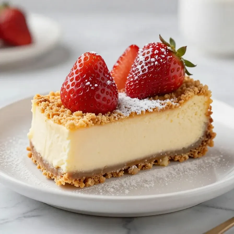 A close-up of a freshly baked strawberry cheesecake dump cake with a golden crust and creamy layers.