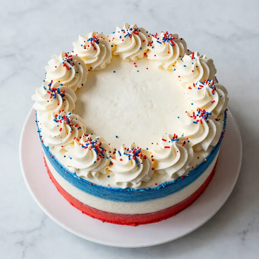 A beautifully decorated 4th of July cake roll featuring red, white, and blue frosting with star-shaped sprinkles.