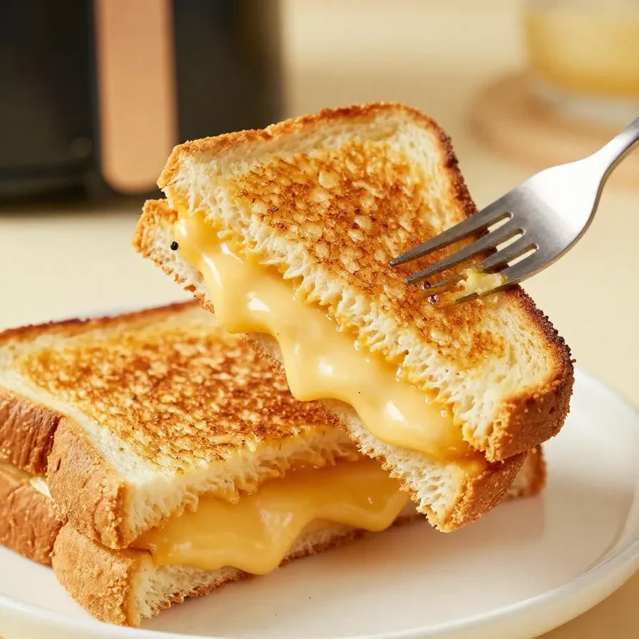 A perfectly golden grilled cheese sandwich made in an air fryer, served on a plate with a side of dipping sauce.