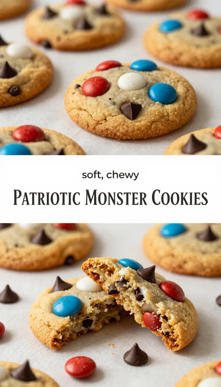 A plate of patriotic monster cookies made with browned butter blondie, decorated with red, white, and blue sprinkles.