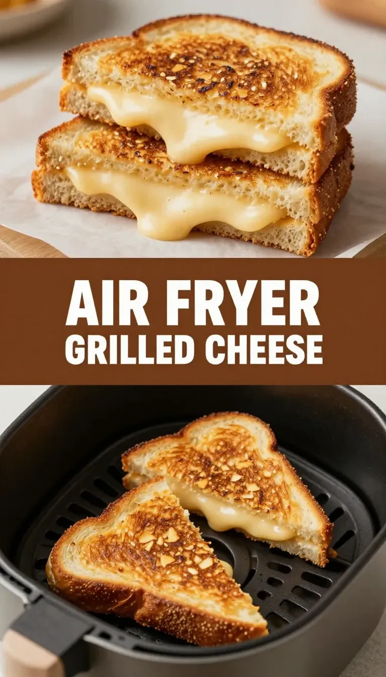 A perfectly golden grilled cheese sandwich made in an air fryer, served on a plate with a side of dipping sauce.