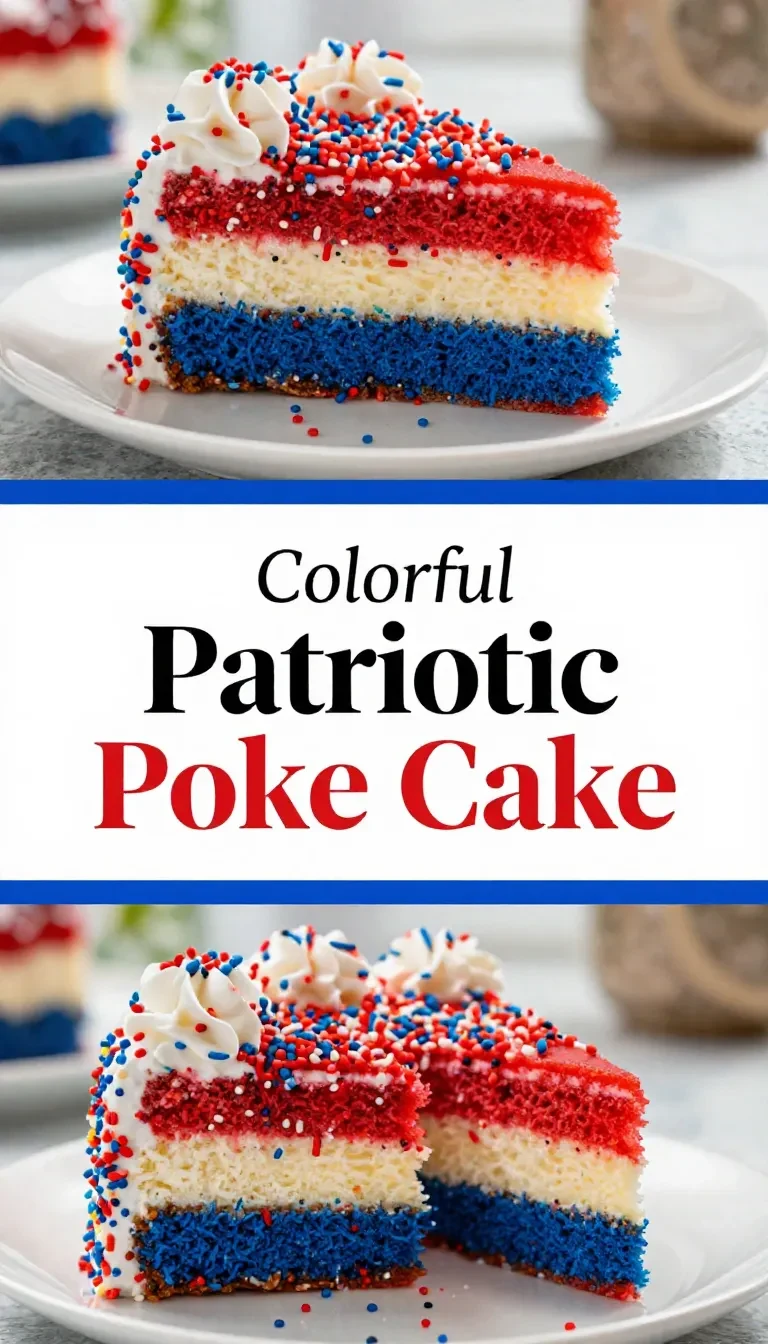 A beautifully decorated 4th of July cake roll featuring red, white, and blue frosting with star-shaped sprinkles.