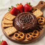 A bowl of creamy brownie batter dip surrounded by pretzels and strawberries for dipping.