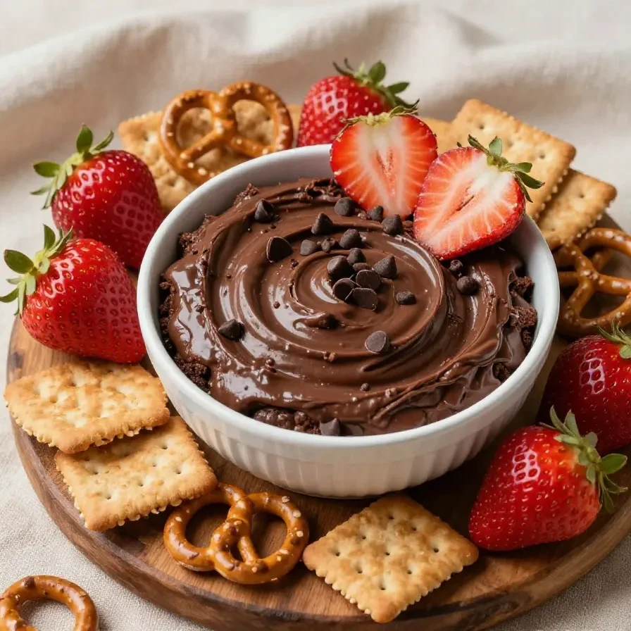 A bowl of creamy brownie batter dip surrounded by pretzels and strawberries for dipping.