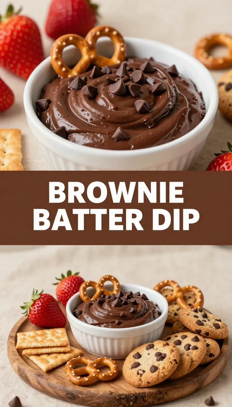 A bowl of creamy brownie batter dip surrounded by pretzels and strawberries for dipping.
