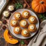 Freshly baked pumpkin cream cheese muffins on a wooden table.