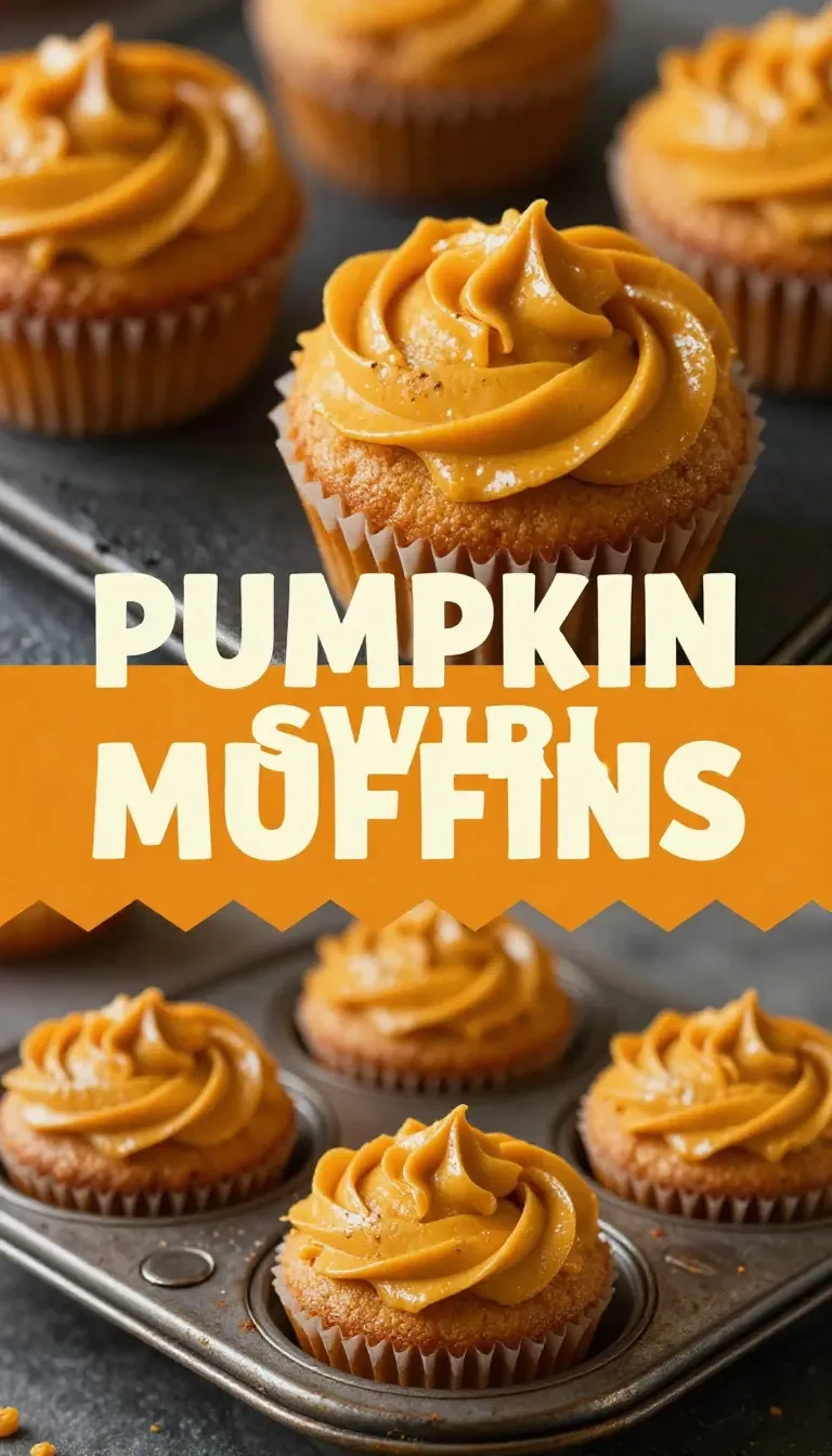 Close-up of pumpkin cream cheese swirl muffins on a wooden table.
