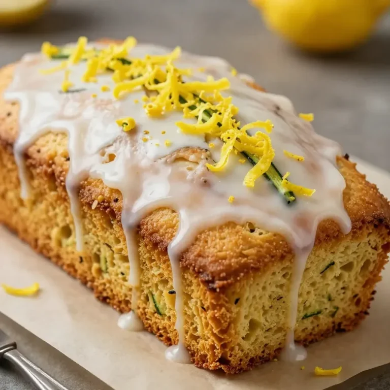 A slice of lemon zucchini bread topped with a drizzle of icing and fresh lemon slices