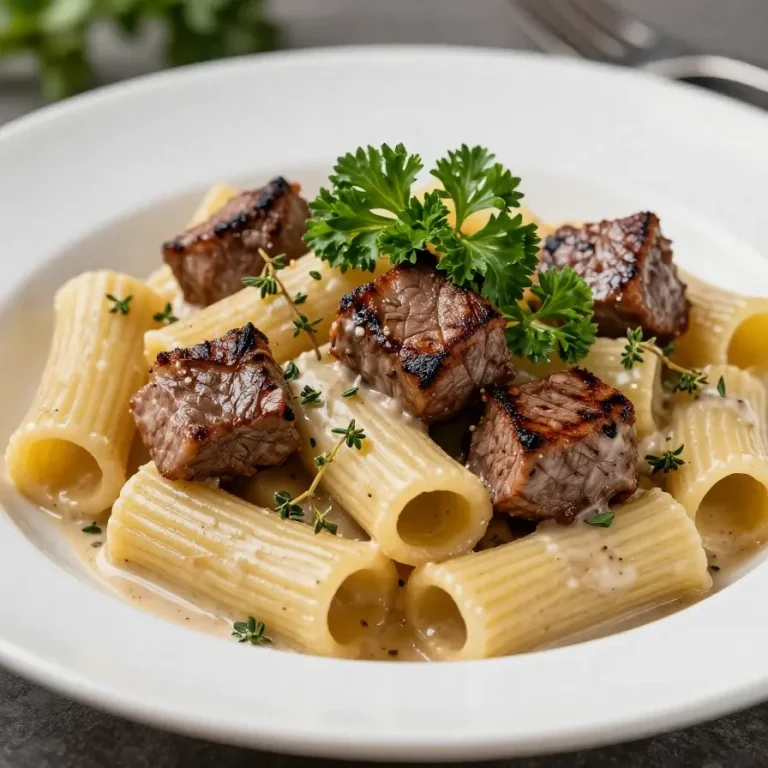 A delicious plate of creamy garlic butter steak pasta garnished with parsley