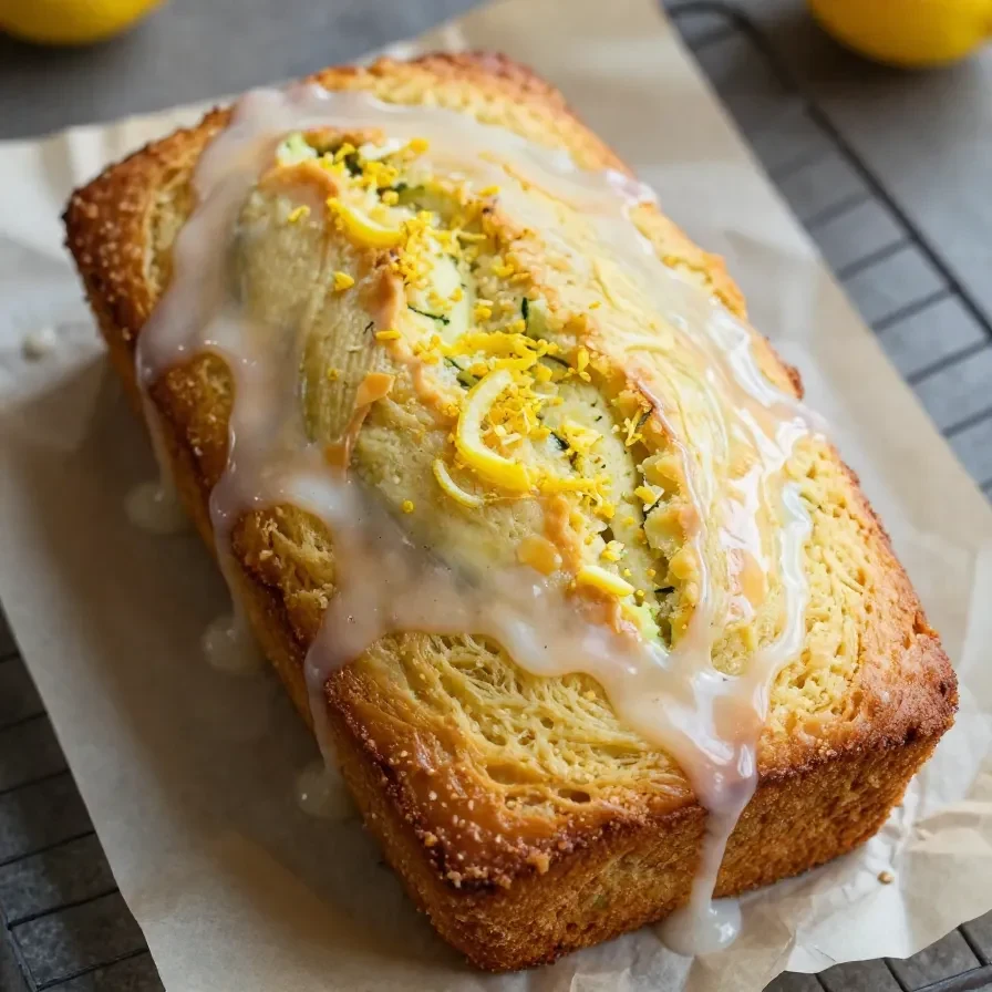A slice of lemon zucchini bread topped with a drizzle of icing and fresh lemon slices