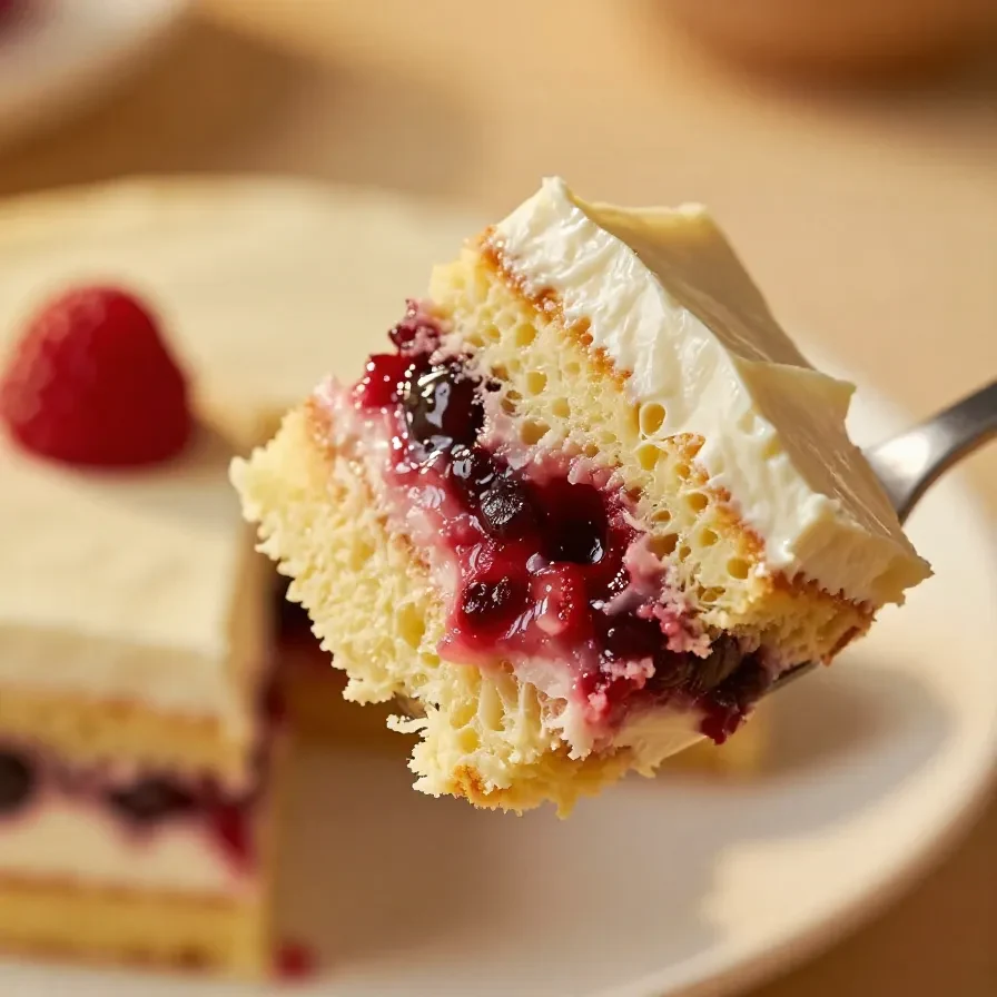 A close-up of a Triple Berry Icebox Cake layered with fresh berries and cream.