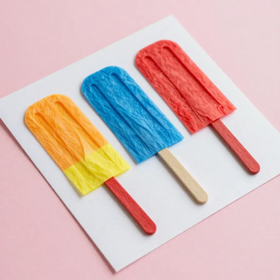 Colorful popsicle sticks arranged with vibrant tissue paper for a children's craft project