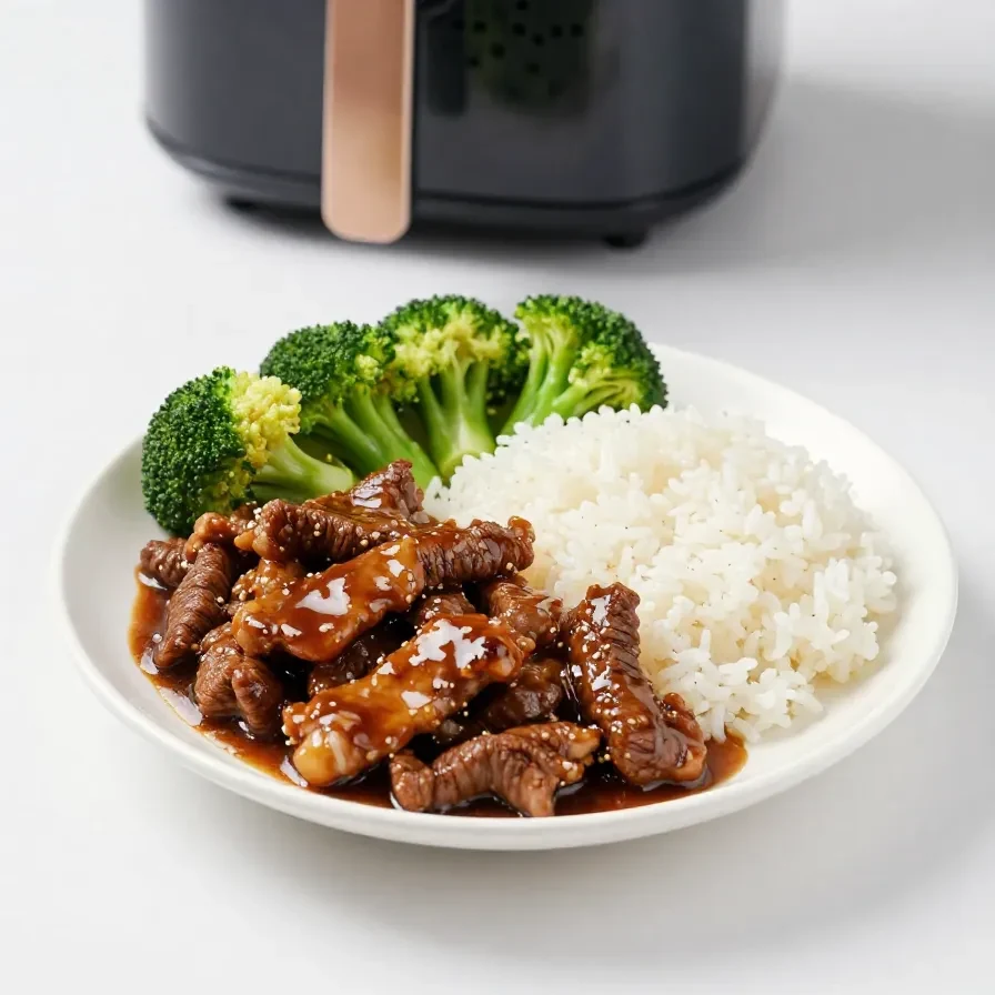 A delicious plate of air fryer beef and broccoli served with rice