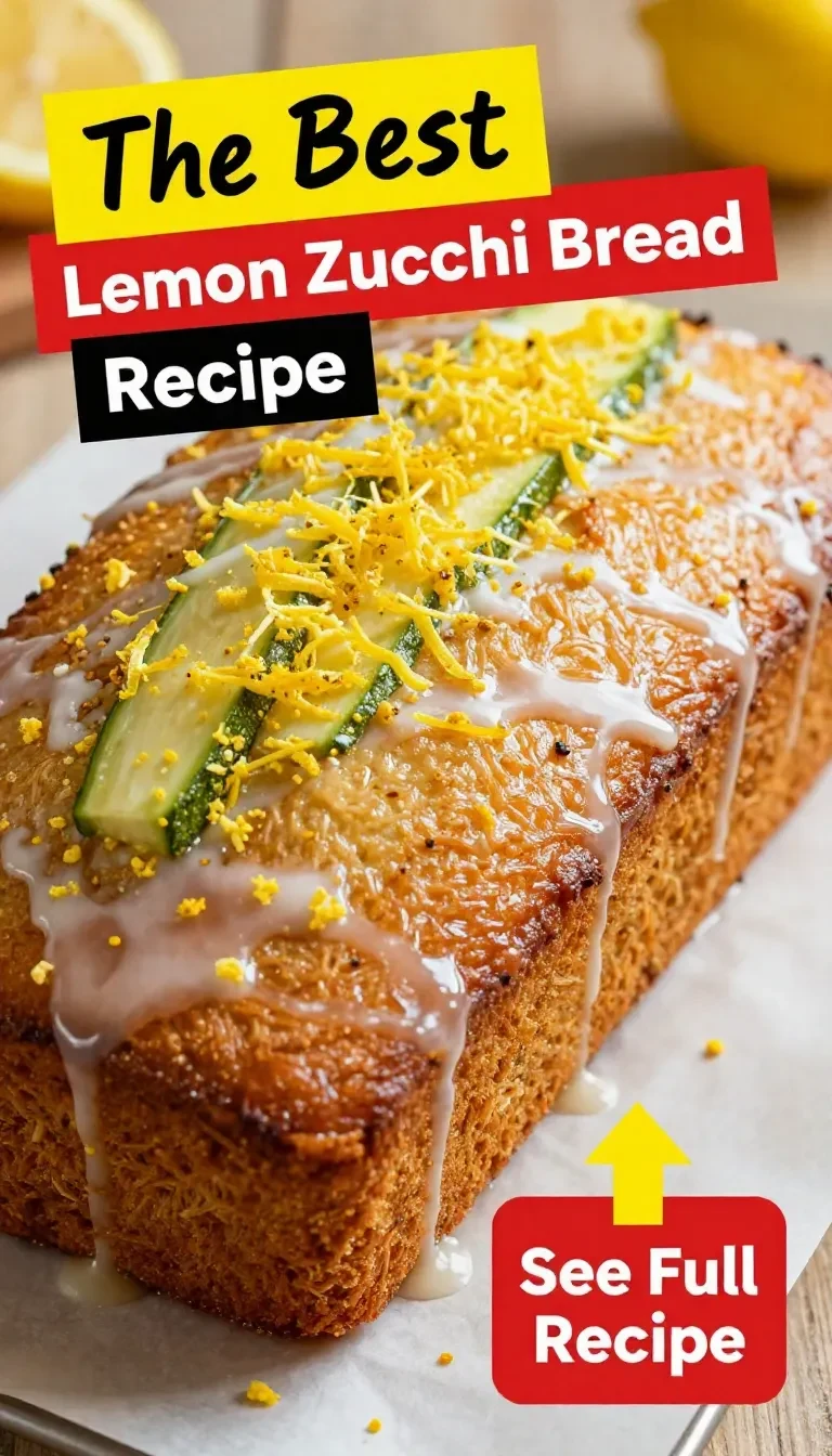 A slice of lemon zucchini bread topped with a drizzle of icing and fresh lemon slices