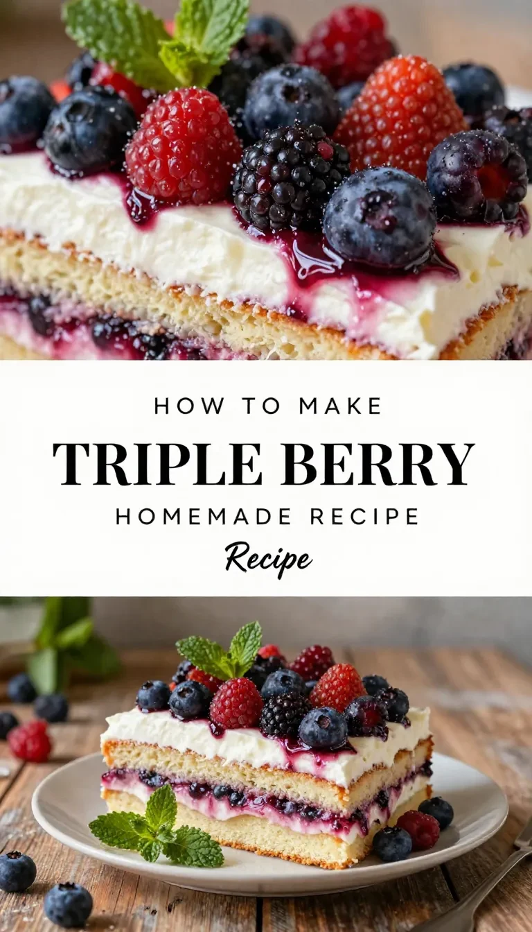A close-up of a Triple Berry Icebox Cake layered with fresh berries and cream.