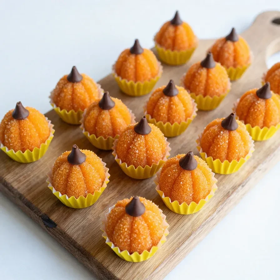 Close-up of pumpkin brigadeiros arranged on a plate with autumn-themed decorations.