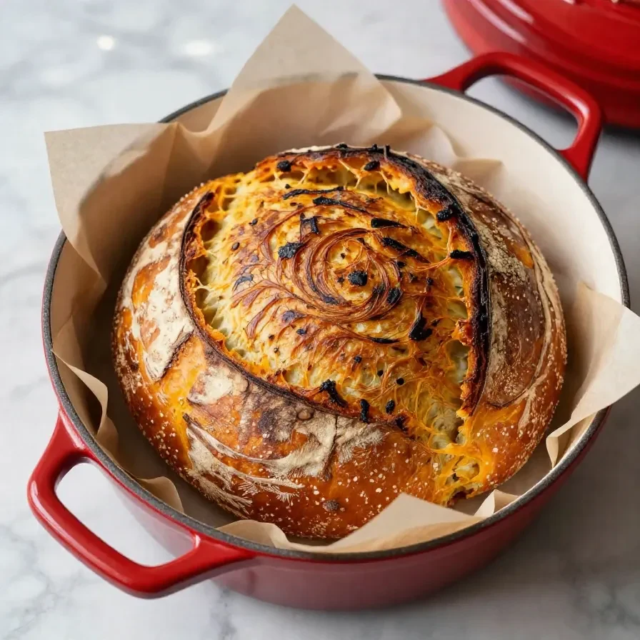 A freshly baked loaf of pumpkin sourdough bread on a wooden cutting board.