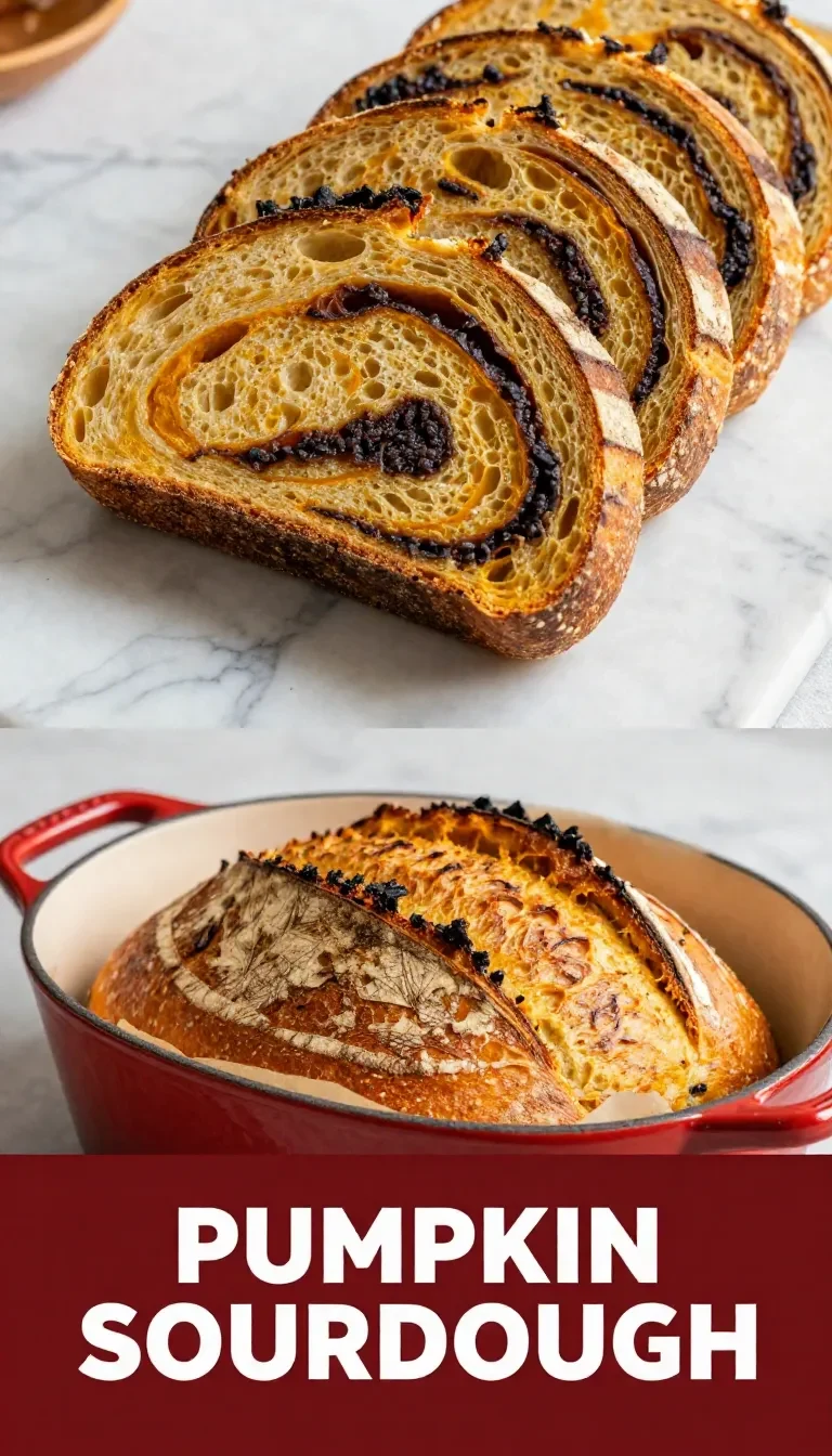 A freshly baked loaf of pumpkin sourdough bread on a wooden cutting board.