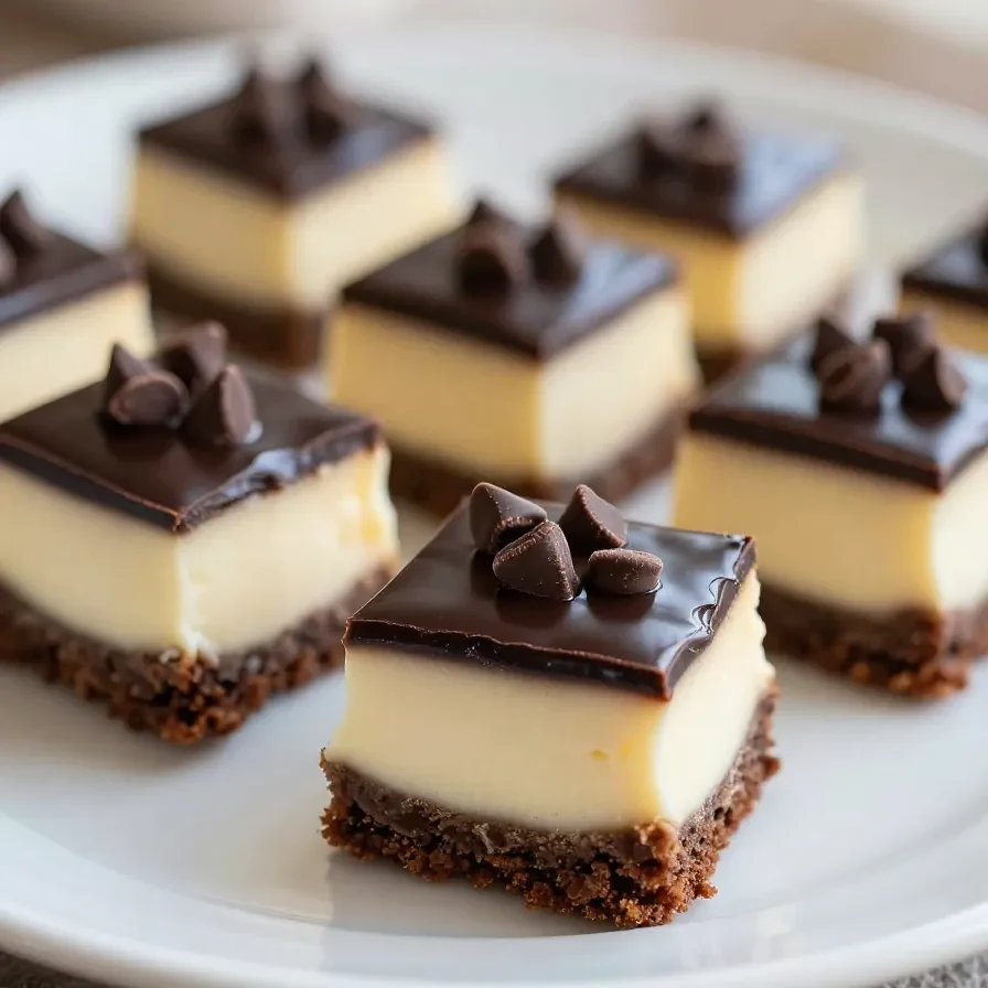 Close-up of decadent brownie bottom cheesecake bites arranged on a plate.