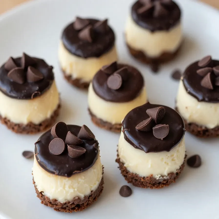 Close-up of decadent brownie bottom cheesecake bites arranged on a plate.