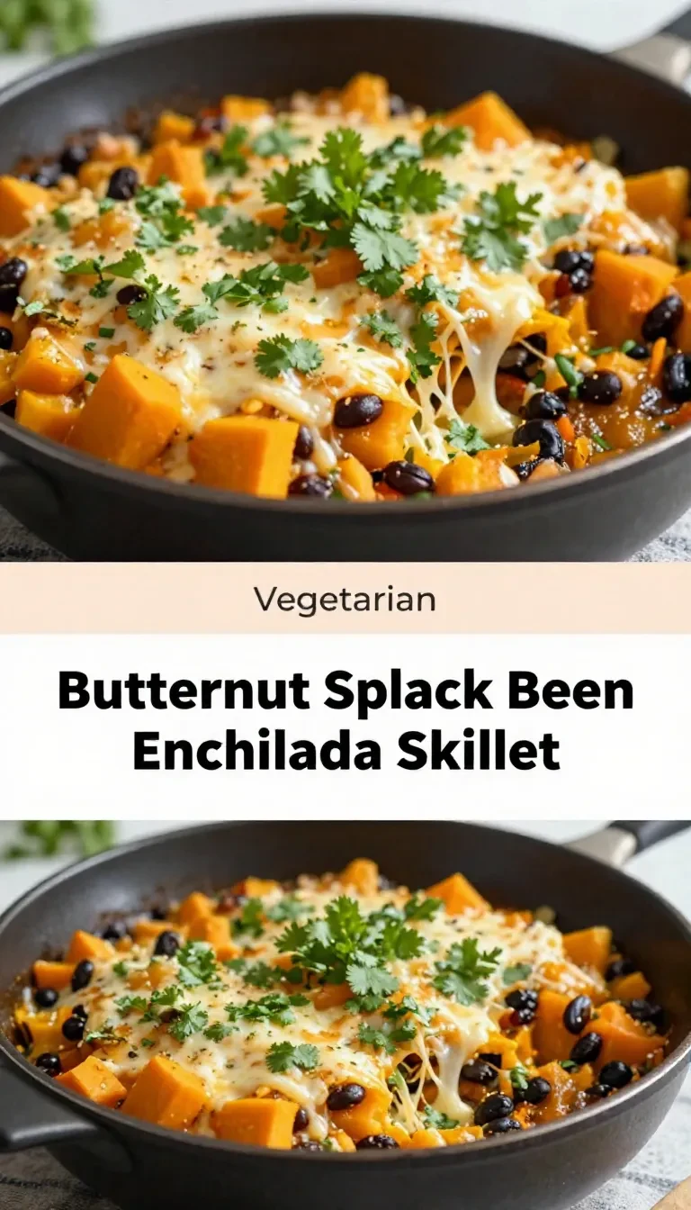 A close-up view of a colorful butternut squash and black bean enchilada skillet topped with melted cheese and fresh cilantro.