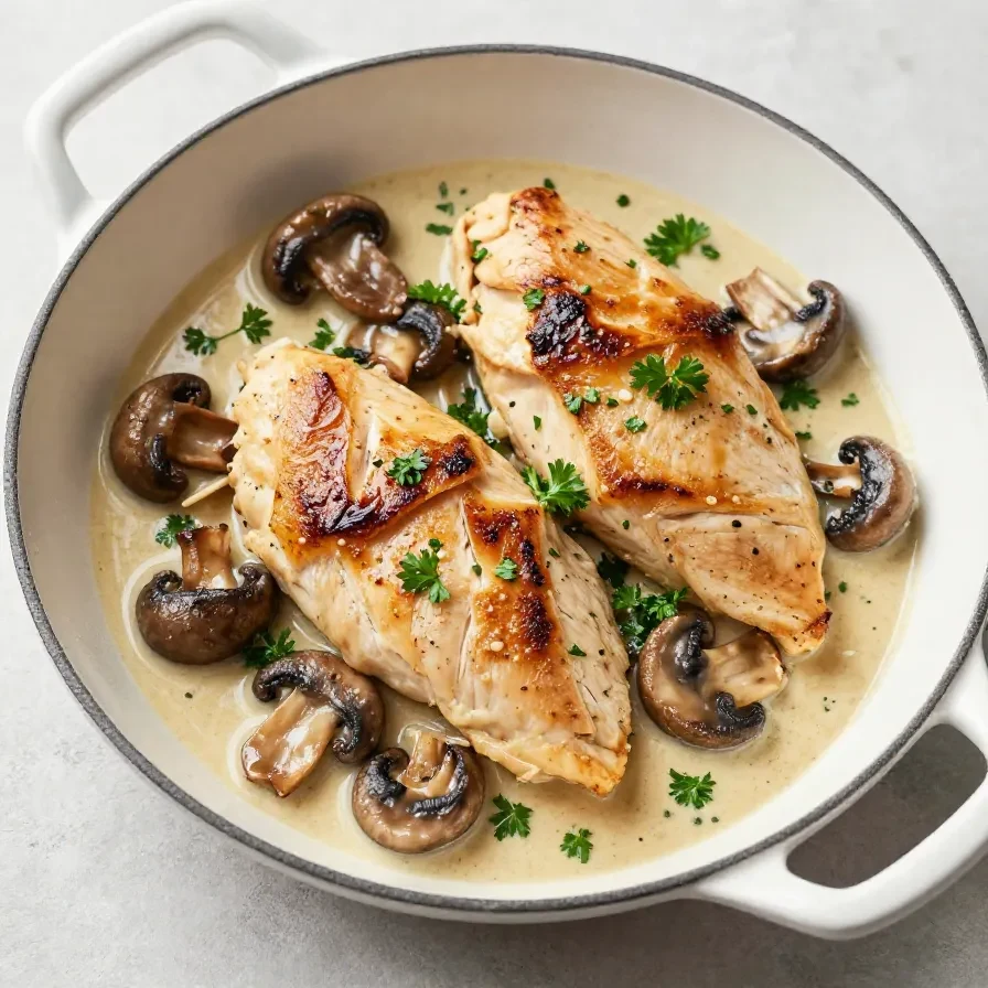 A plate of mushroom chicken served with fresh herbs on a wooden table.