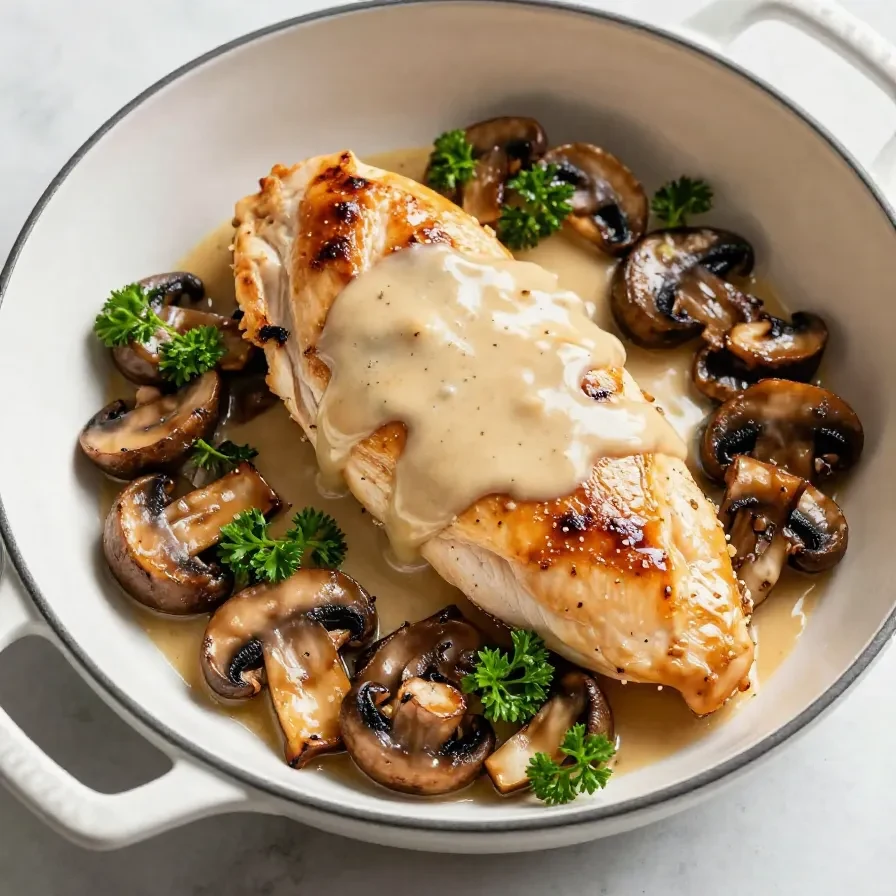 A plate of mushroom chicken served with fresh herbs on a wooden table.
