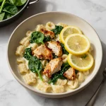A skillet filled with lemon chicken and gnocchi, garnished with fresh parsley.