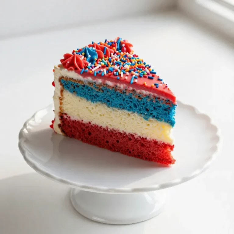A beautifully decorated 4th of July cake with red, white, and blue frosting and star-shaped sprinkles
