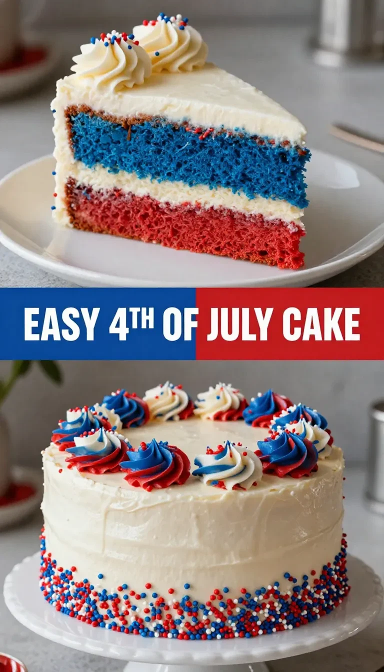 A beautifully decorated 4th of July cake with red, white, and blue frosting and star-shaped sprinkles