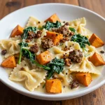 A plate of creamy butternut squash pasta topped with sausage and fresh spinach leaves.