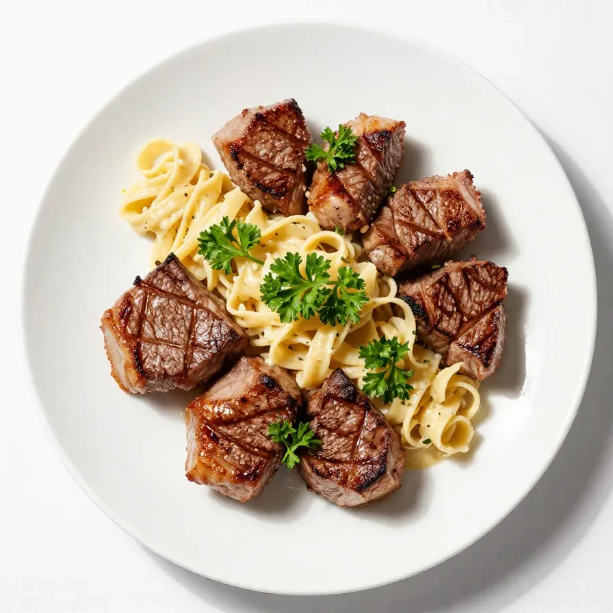 A plate of creamy garlic butter steak bites served on a bed of pasta.