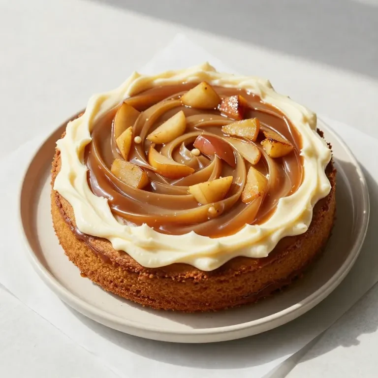 A freshly baked vegan applesauce cake topped with powdered sugar on a wooden table.