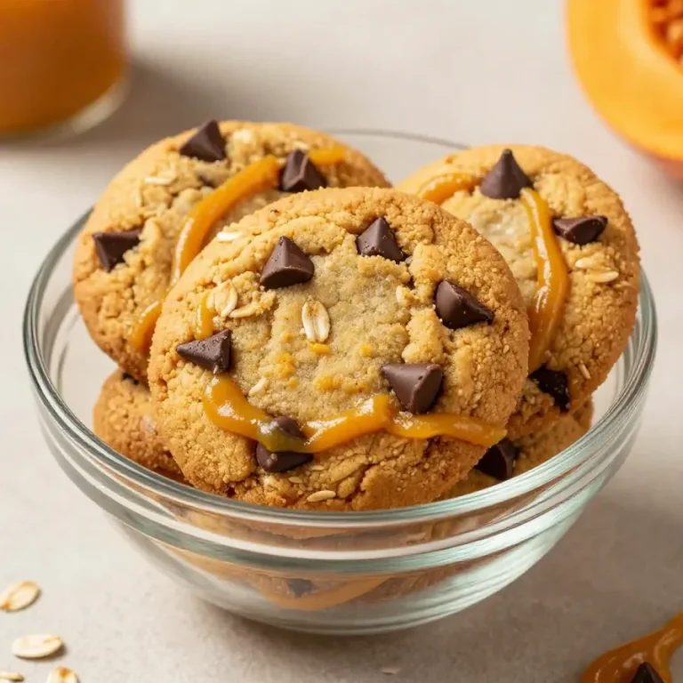 A plate of freshly baked healthy pumpkin oat cookies on a wooden table.