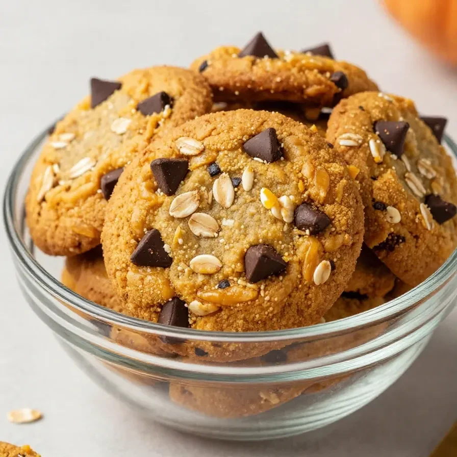 A plate of freshly baked healthy pumpkin oat cookies on a wooden table.