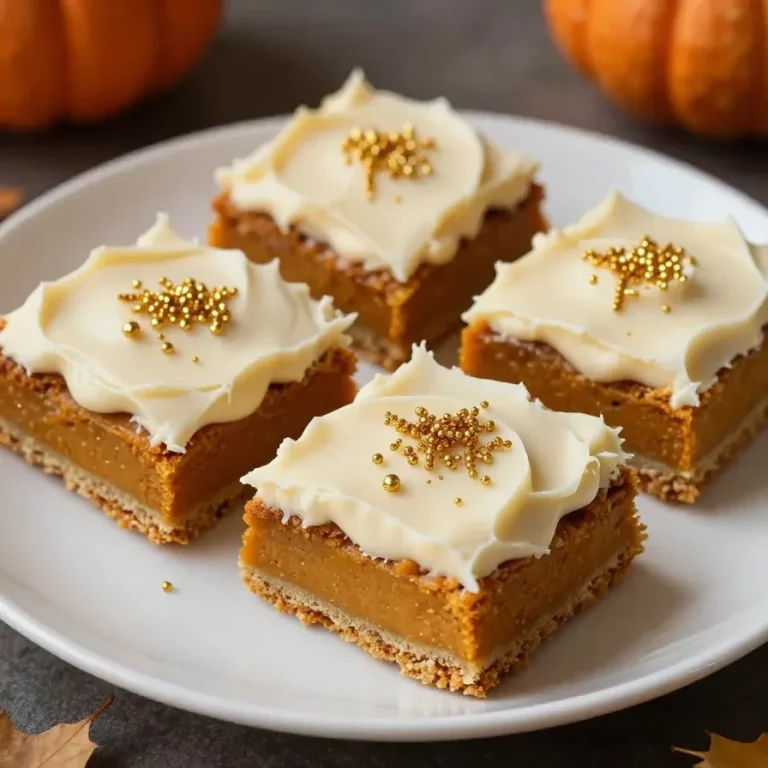 Pumpkin Bars A close-up view of freshly baked pumpkin bars topped with cream cheese frosting on a white plate.