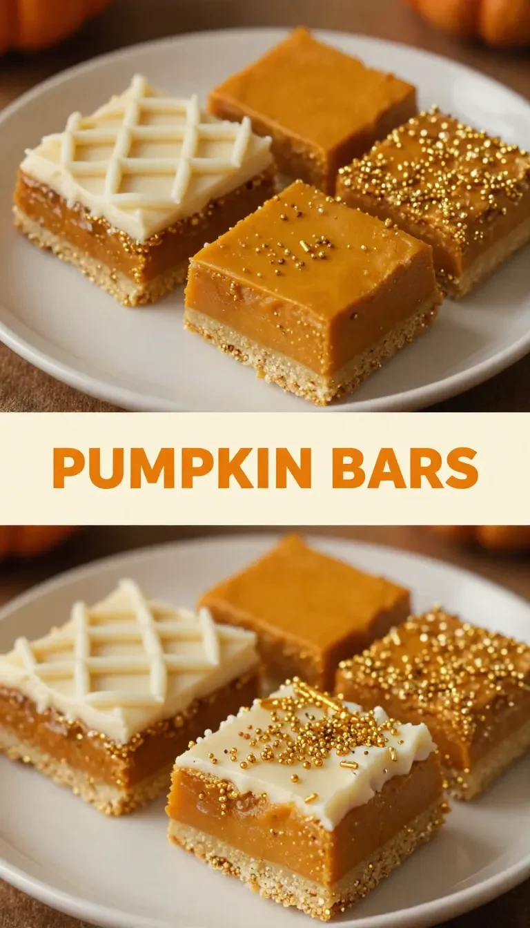 A close-up view of freshly baked pumpkin bars topped with cream cheese frosting on a white plate.