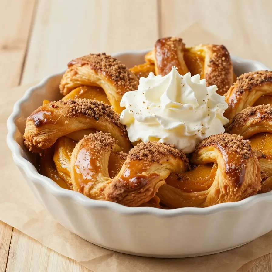 Close-up of golden-brown pumpkin pie twists on a white plate.